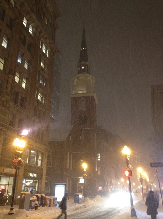 Corner of Washington & School Street, downtown Boston, featuring the historic Old South Meeting House