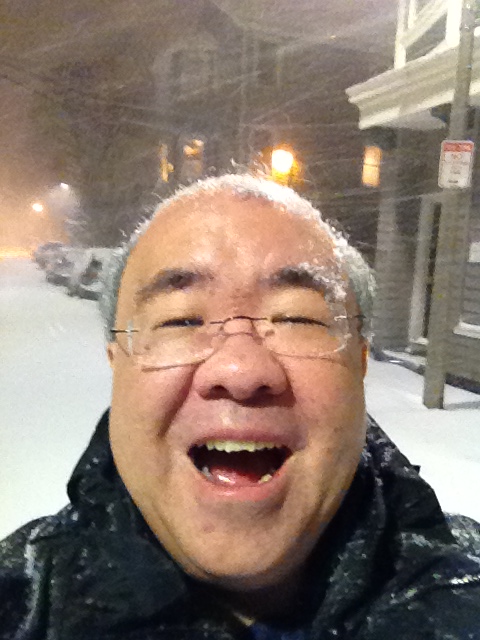 Blizzard selfie, with my street and condo building in the background.